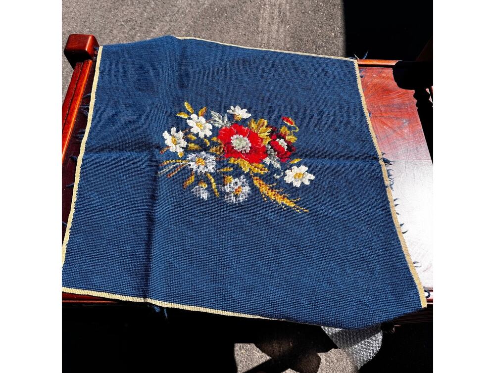 vintage floral needlepoint canvas red white yellow flowers blue background